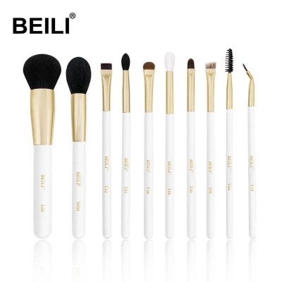 BEILI White 10PCS Gold Luxury brochas de maquillaje Natural Goat Pony Synthetic Hair Powder Private Label Make up Brush set